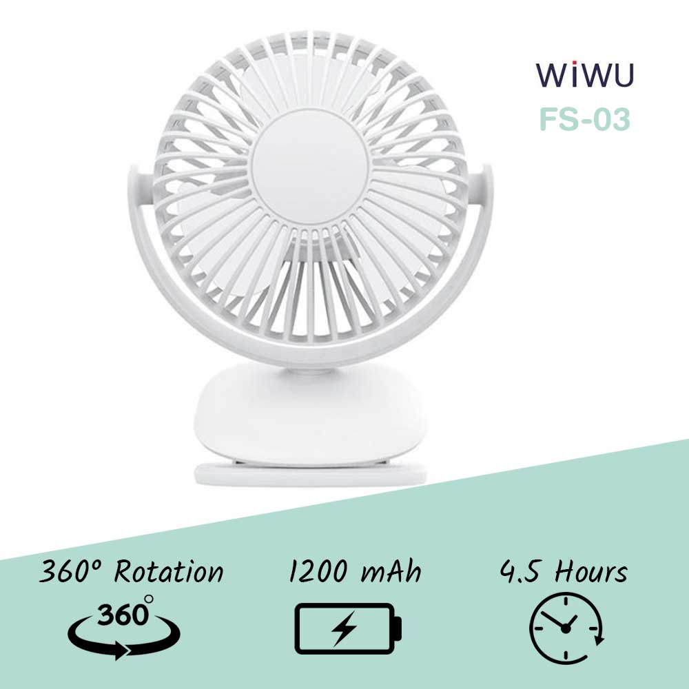 WiWU FS03 Mini 360 Degree Rotation 1200mAh Rechargeable Clip Fan