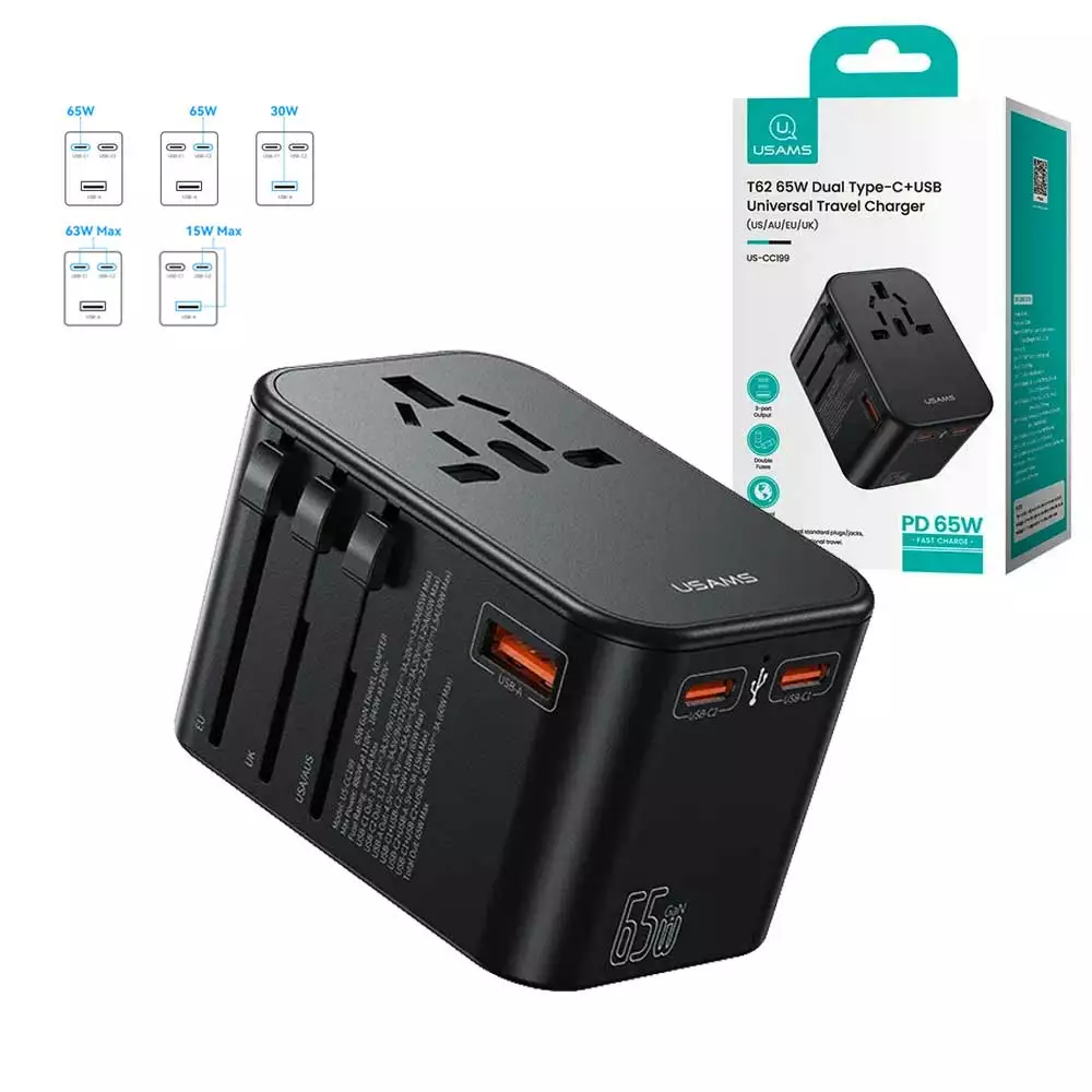 Usams US-CC199 T62 65W Dual Type C + USB Universal Travel Charger