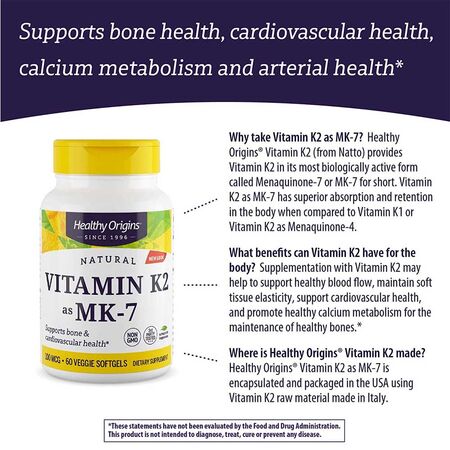 Healthy Origins Vitamin K2 Supplement features