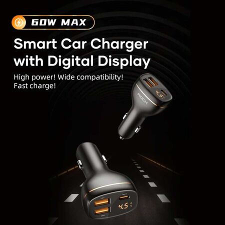 Rock C301 Smart Digital Display Three Ports Car Charger 60W Rock C301 Smart Digital Display Three Ports Car Charger 60W