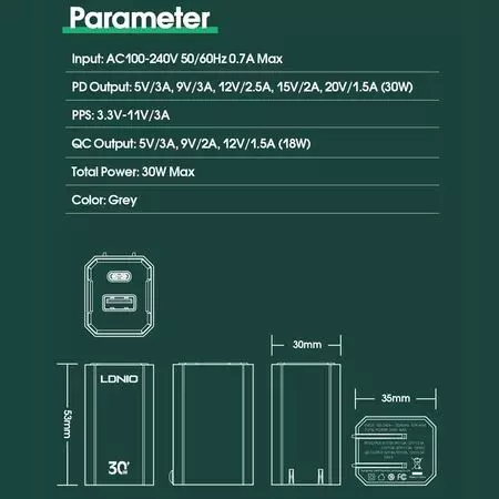 Ldnio A2527C PD QC3.0 fast wall Charger 30W Parametar