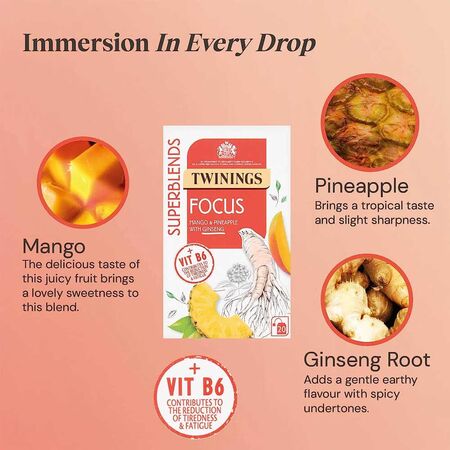 Twinings Focus Mango & Pineapple with Ginsing Tea Bags 20pcs