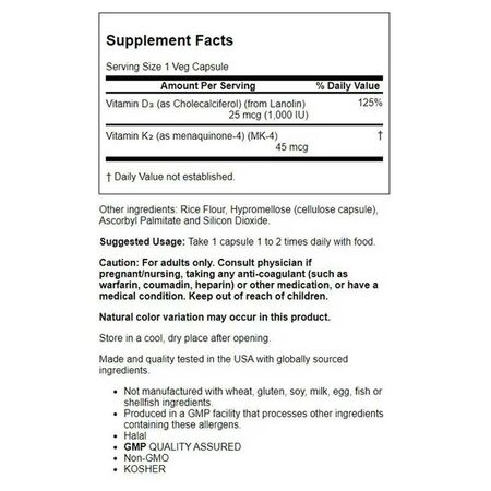 Now Vitamin D-3 & K-2 Supports Bone Health Capsules